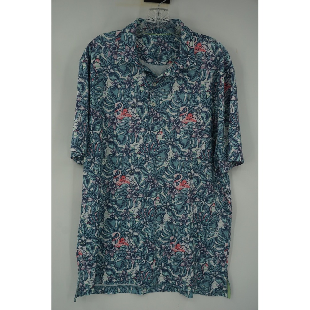 Johnnie O Mens Large UPF 50 Flamingo Tropical Floral Performance Polo Shirt Blue